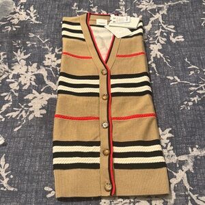 Burberry Beige and Black Striped Cardigan with Red Trim
